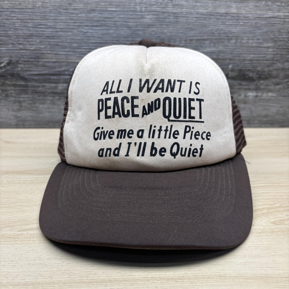 Vintage Peace And Quiet Hat Cap Snap Back Mens One Size Brown Trucker Funny 80s